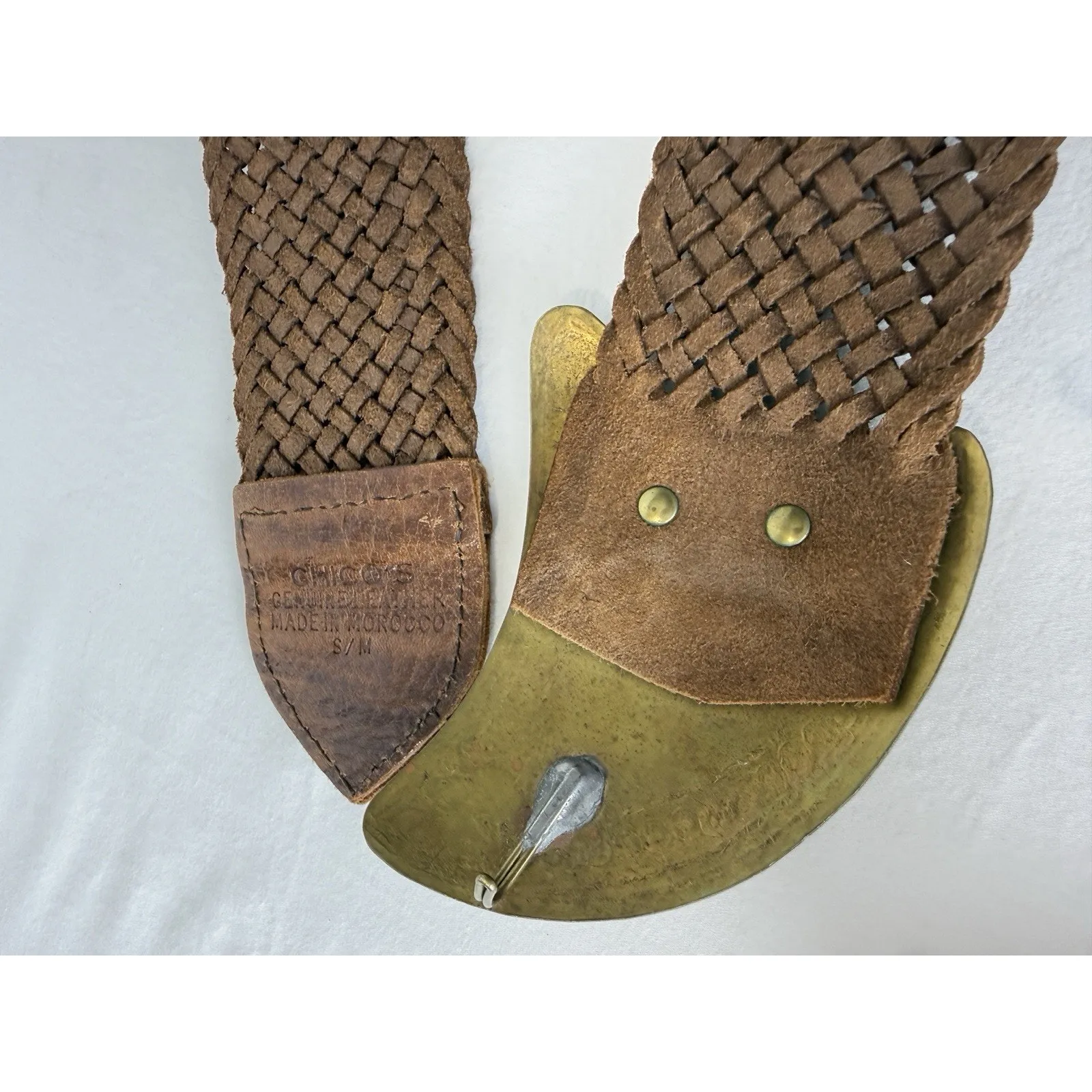 Chicos Women’s Belt Size S/M Brown Braided Leather Metal Buckle Horn Wide - Image 6