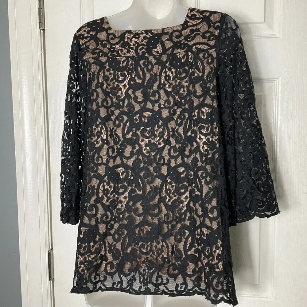 TOPSHOP Black Lace Crochet Long sleeve Tunic Short Mini Dress Size 4 Lined - Image 4