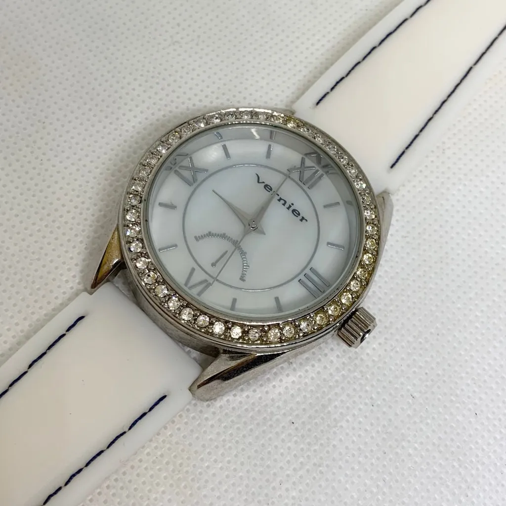 Vernier women’s watch silver tone rhinestones 40mm quartz analog Roman running - Image 2