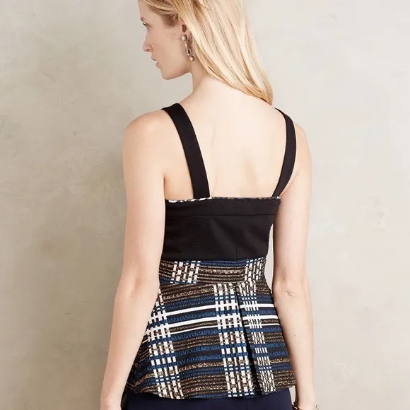 Anthropologie Deletta Nathalie‎ Peplum Top Black Pleated Stripes Plaid Size L - Image 7