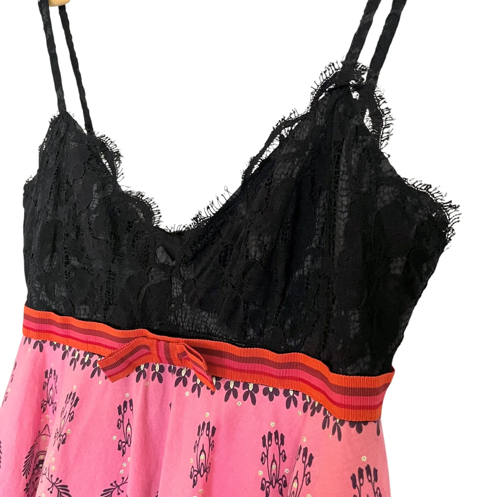 Vintage Anna Sui Archival Party Dress Black Lace Sparkling Print Pink Skirt - Image 10