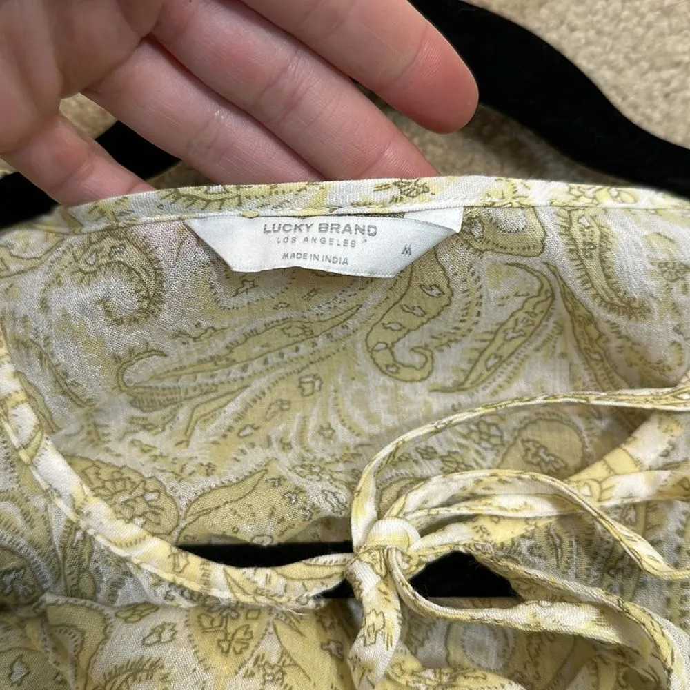 Lucky Brand Sheer Midi Boho Shortsleeve Yellow Keyhole Dress Women Medium - Image 6