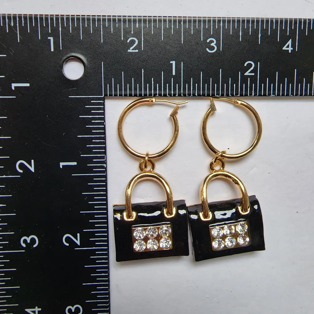 Elegant Black Purse Charm Hoop Earrings Gold - Image 5