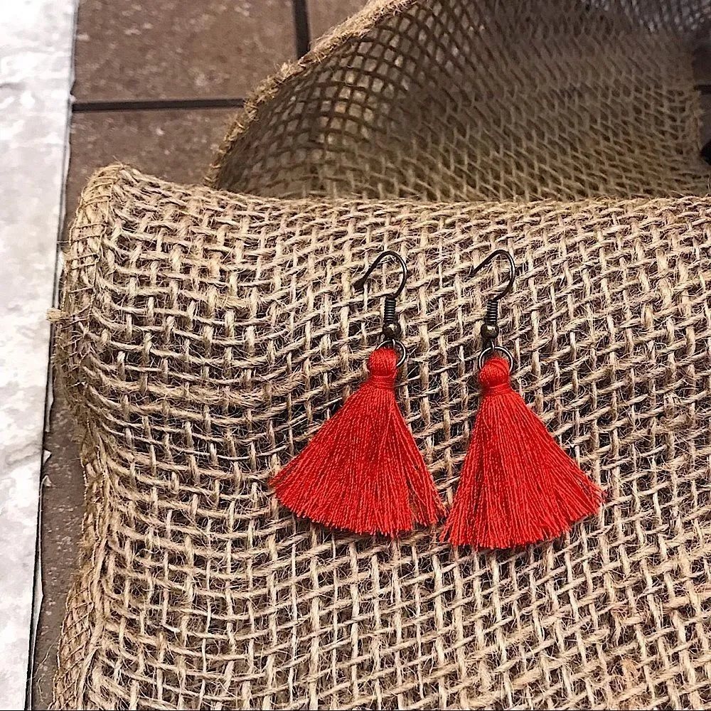 Red Gold Tassel Earrings Festival Party NEW Handmade USA - Image 4