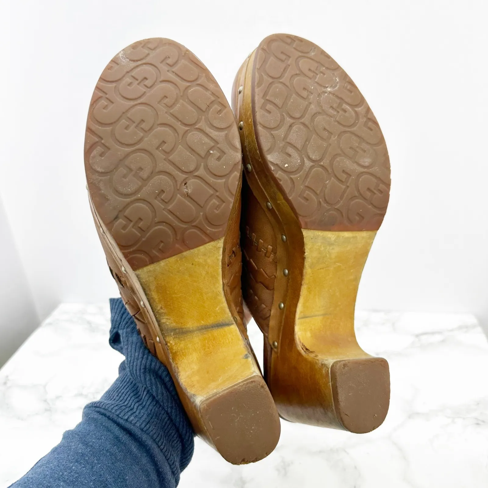 UGG Vivica Women's Brown Leather Woven Platform Clog Heel Shoes‎ Size 8 - Image 7