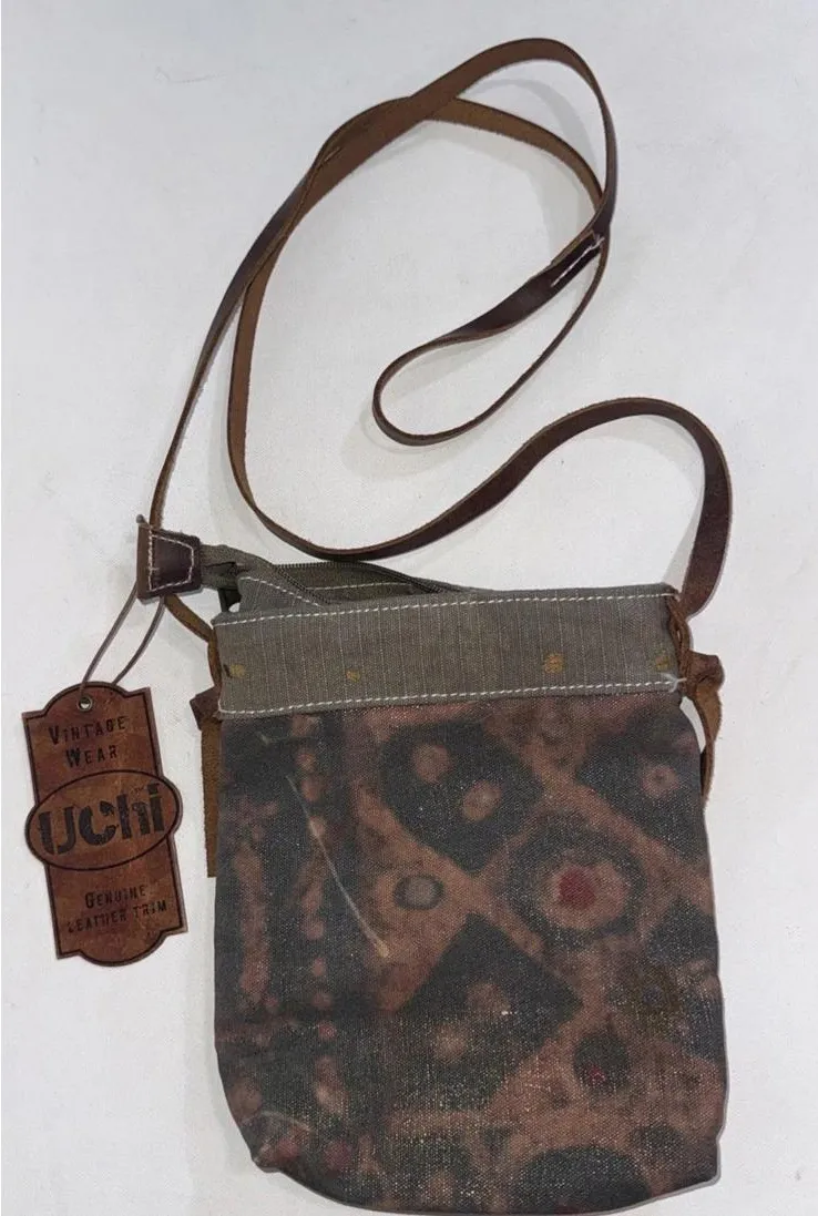 Uchi Gold Splattered Small Canvas Crossbody Equestrian Boho Vintage Wear Purse Brown - Image 1