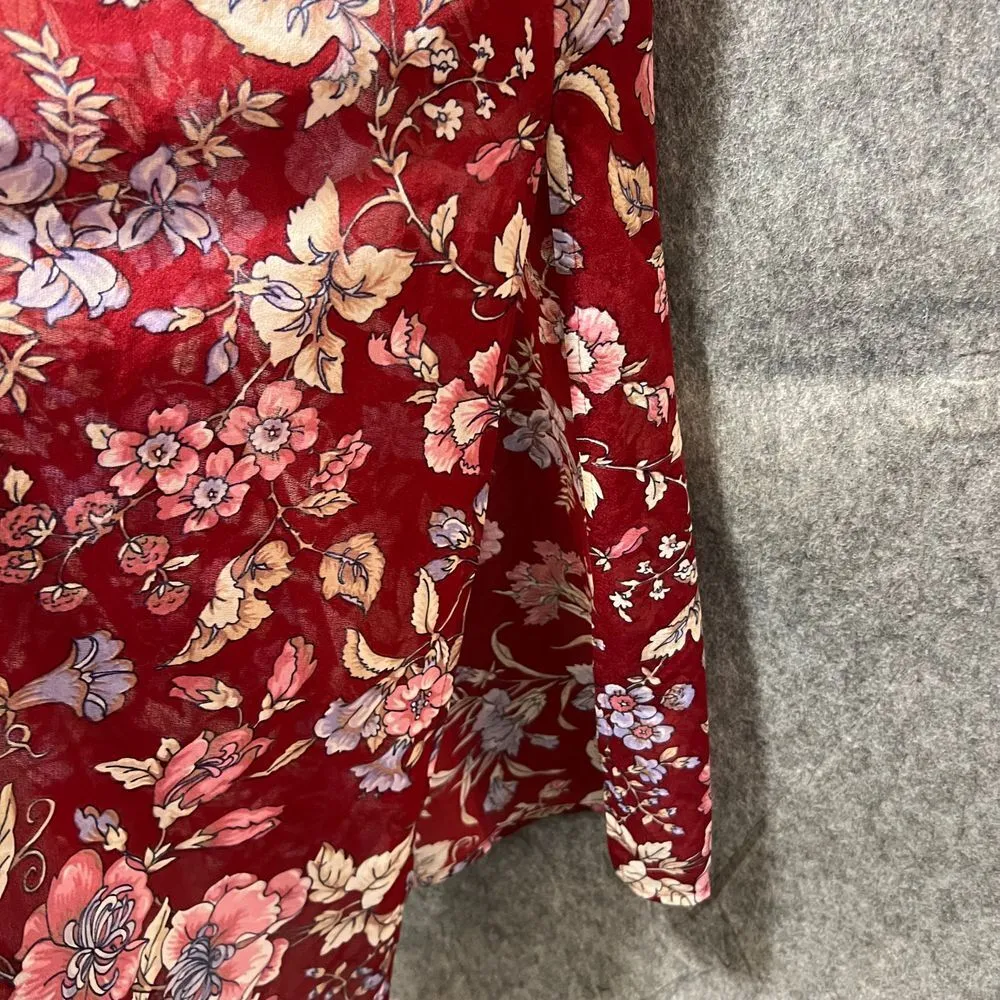 Vintage JCPenney Red Floral Short Sleeve Cardigan Open Front Sheer Casual Lounge Size M - Image 4