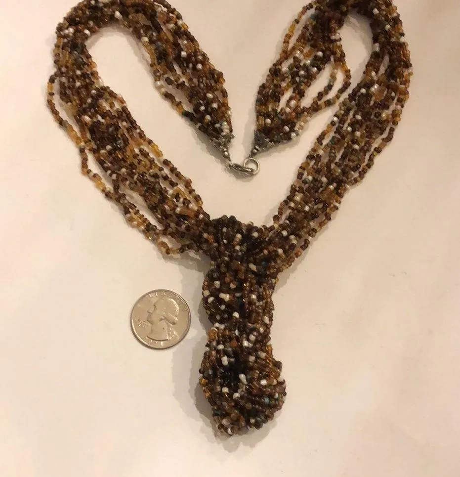 Vintage Amber Boho Seed Bead Beaded Multi Strand Necklace Brown - Image 6