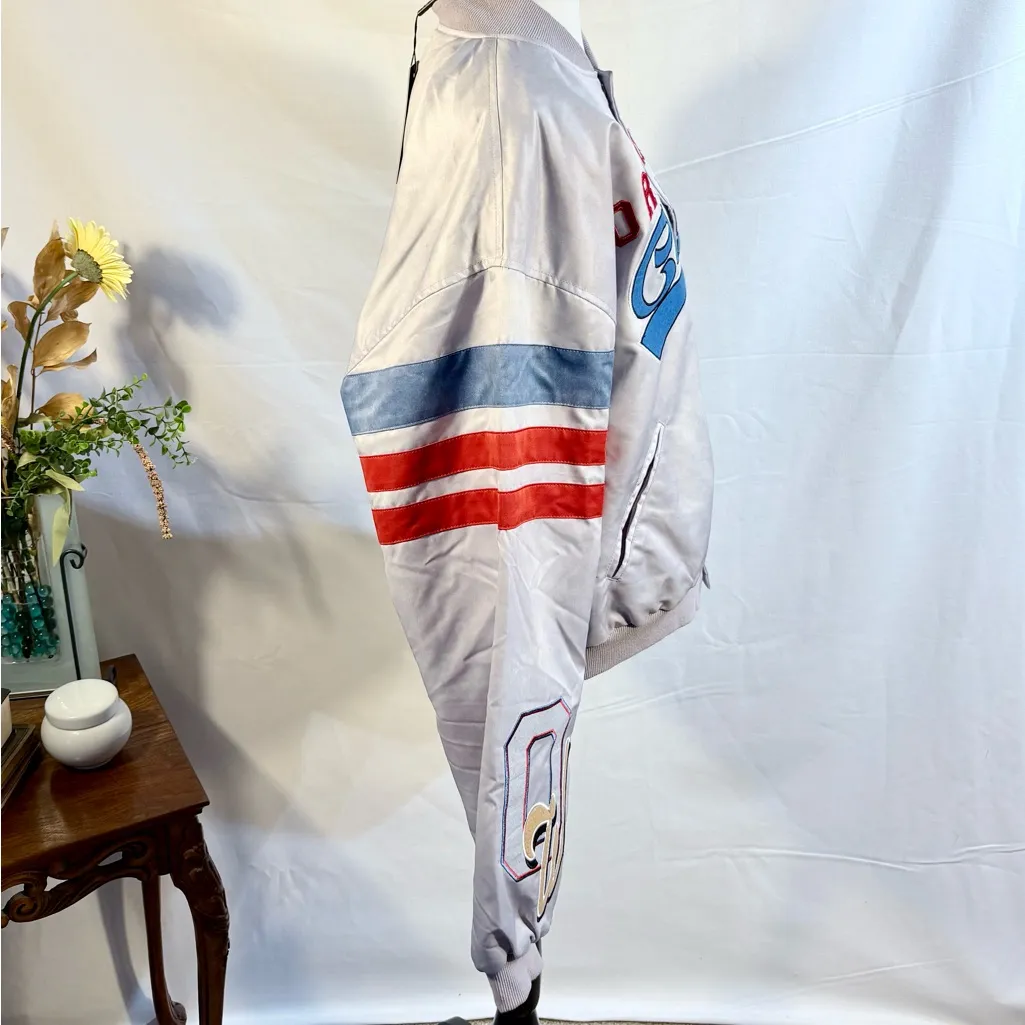 NWT PrettyLittleThing Blue Slogan Satin Varsity Bomber Jacket Sz Large 💚 - Image 4