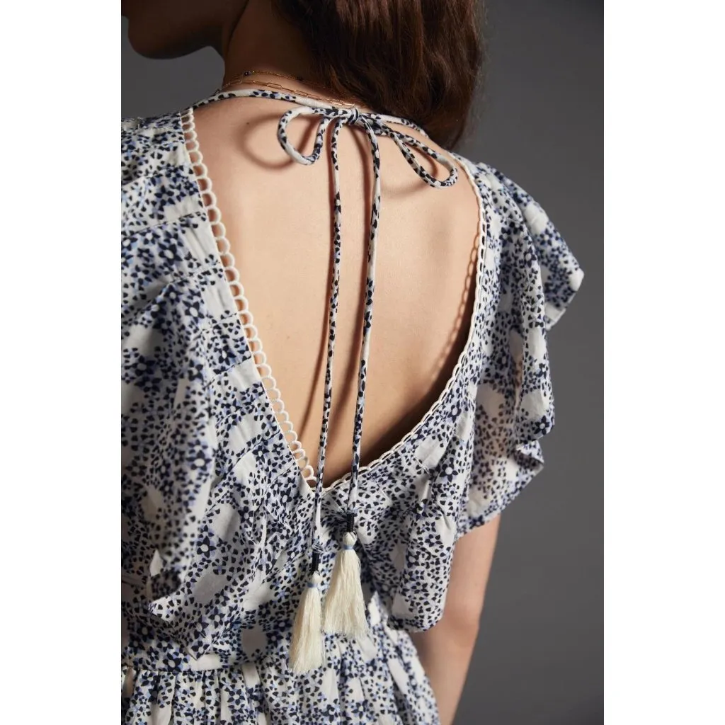 Anthropologie V-Neck Plunge Mini Tunic Dress Blue Cream Size L Garden Party - Image 3