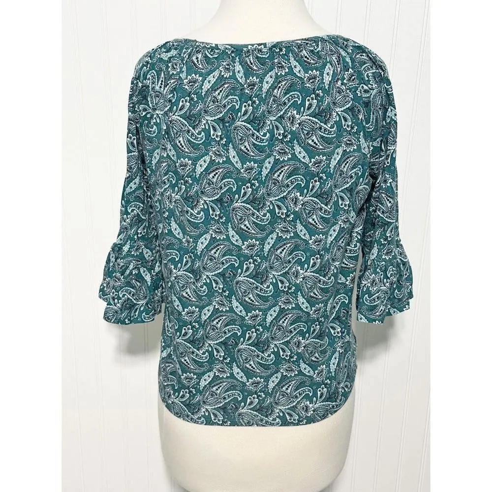 Michael Michael Kors Paisley Bell Sleeve Blouse Boat‎ Neck Green White Small - Image 5