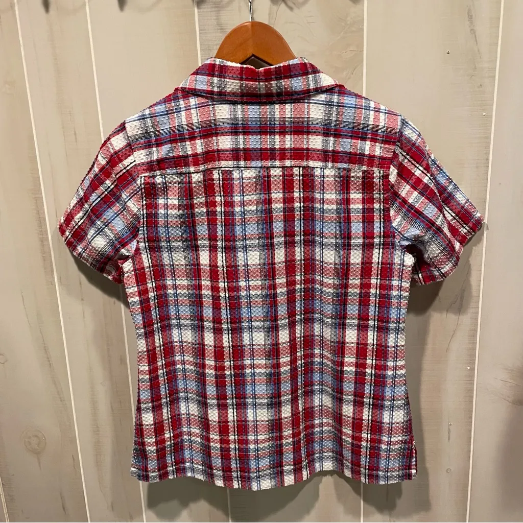 Cute vintage 90s plaid seersucker breezy short sleeve blouse beach coastal USA - Image 10