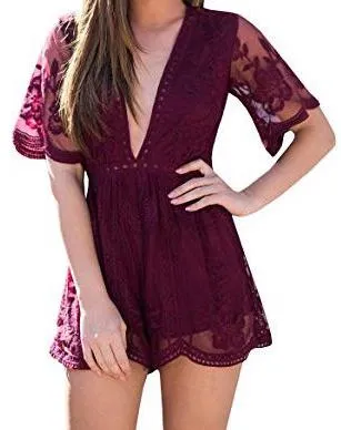 Deep V Short Sleeved Romper Red - Image 4