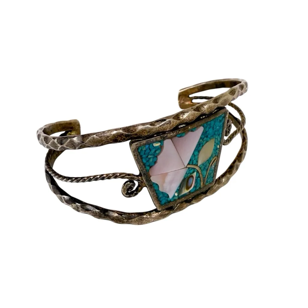 Vintage 70s Alpaca Mexico Silver Turquoise Abalone Floral Inlay Cuff Bracelet Blue - Image 2