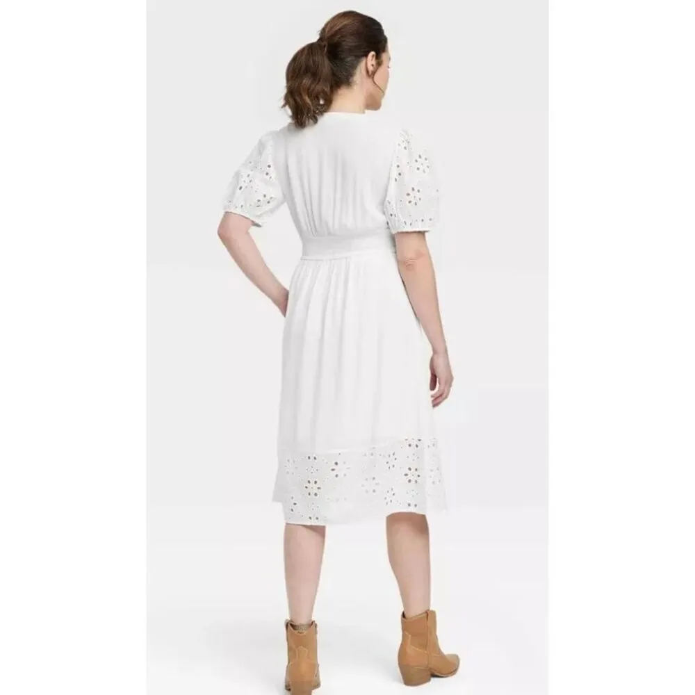 Knox Rose NWT white eyelet puff sleeve midi dress pockets small - Image 2