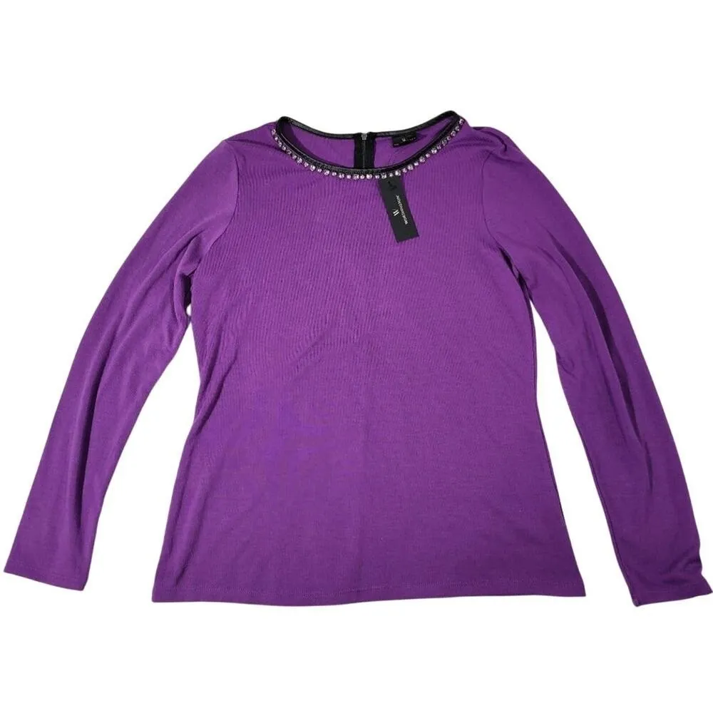 Worthington‎ Purple Long Sleeve Rhinestone Embellished Zipper Neck Top Shirt L - Image 2