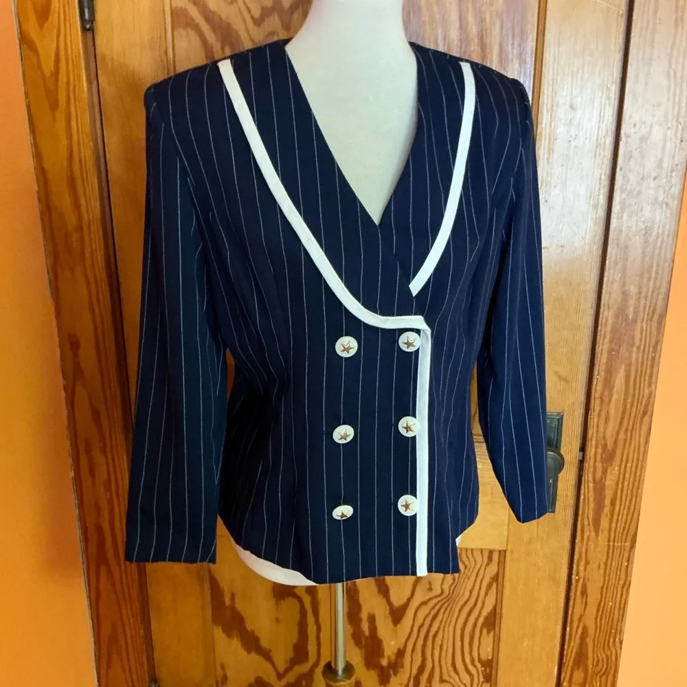 Vtg 80s Navy Blue classic double breasted pinstripe jacket Size M - Image 5
