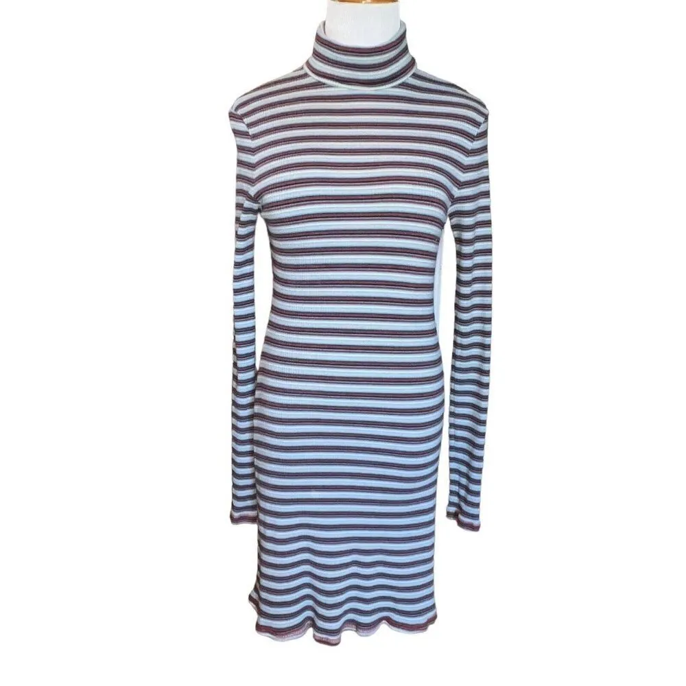 Urban Outfitters BDG Kaylyn Turtleneck‎ Y2K Ribbed Gray Stripe Mini Dress Large - Image 3