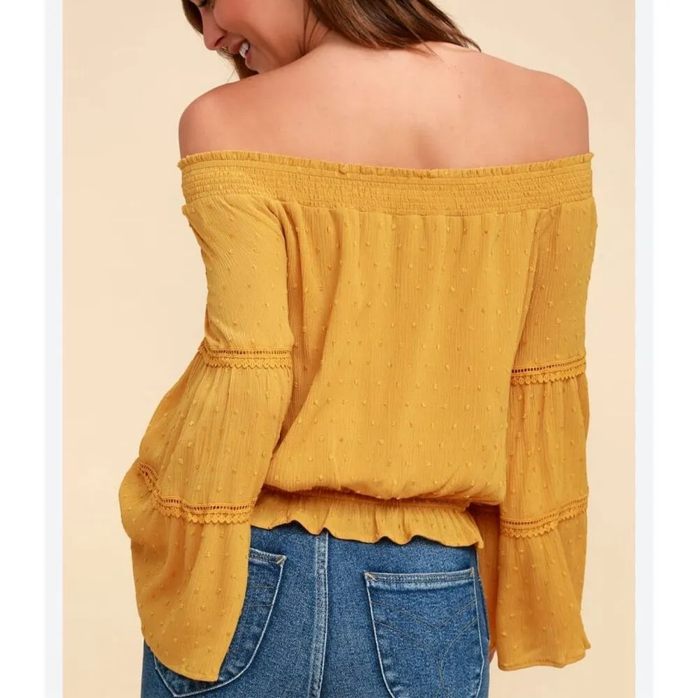 Lulu’s Sunny Story Mustard Yellow Lace Bell Sleeve Off-the-Shoulder Top size med - Image 4