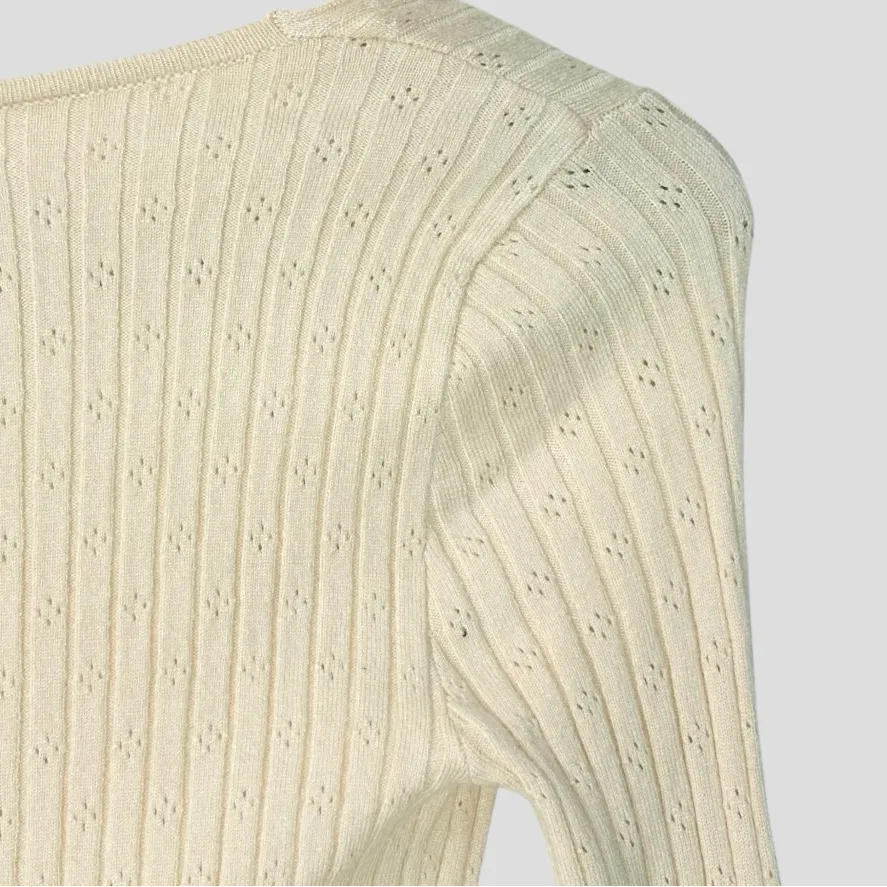 Sky & Sparrow Tie Front Ribbed Knit Top XS Beige  Pointelle Long Sleeve Cropped - Image 5