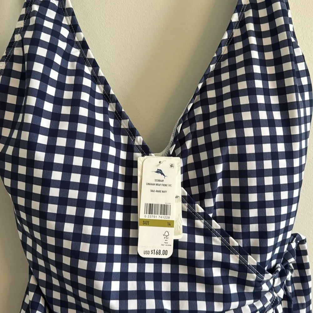 Tommy Bahama Navy and White Wrap One Piece Swimsuit with V-Neckline - Image 5