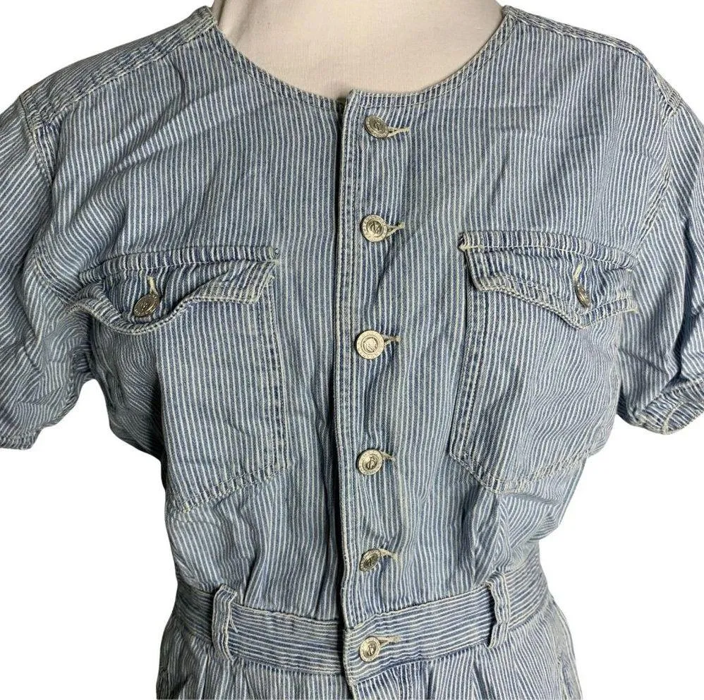 Vintage Gloria Vanderbilt Denim Romper M Blue Striped Buttons Pockets Elastic - Image 2