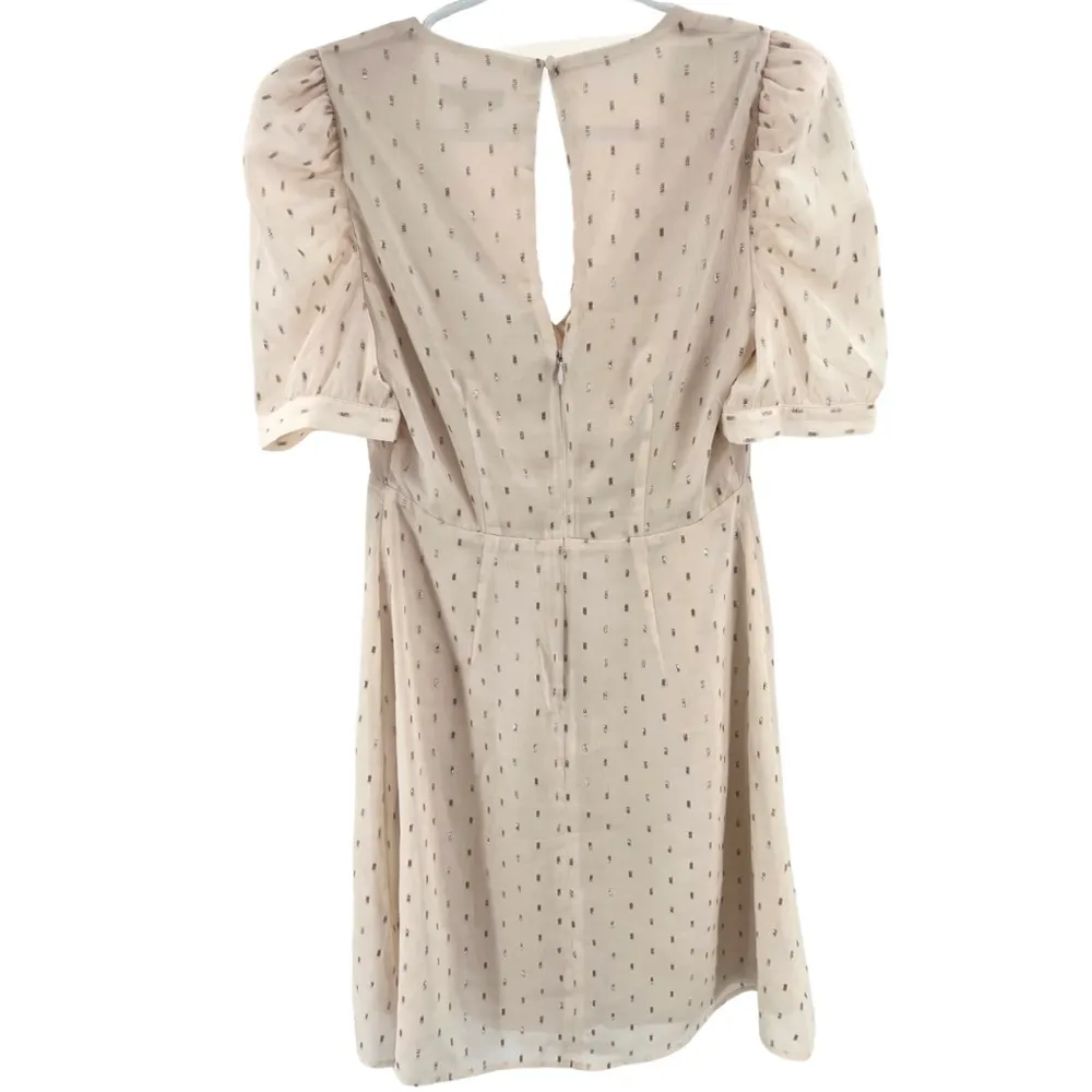 Express cream gold metallic embroidered sheer puff sleeve S mini dress keyhole - Image 2