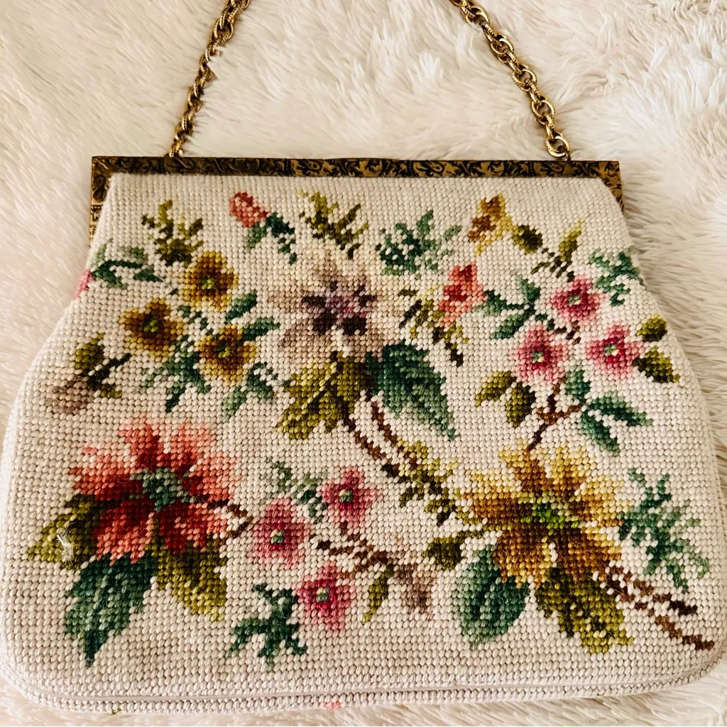 Vintage Beaded Needlepoint Handbag Gold - Image 6