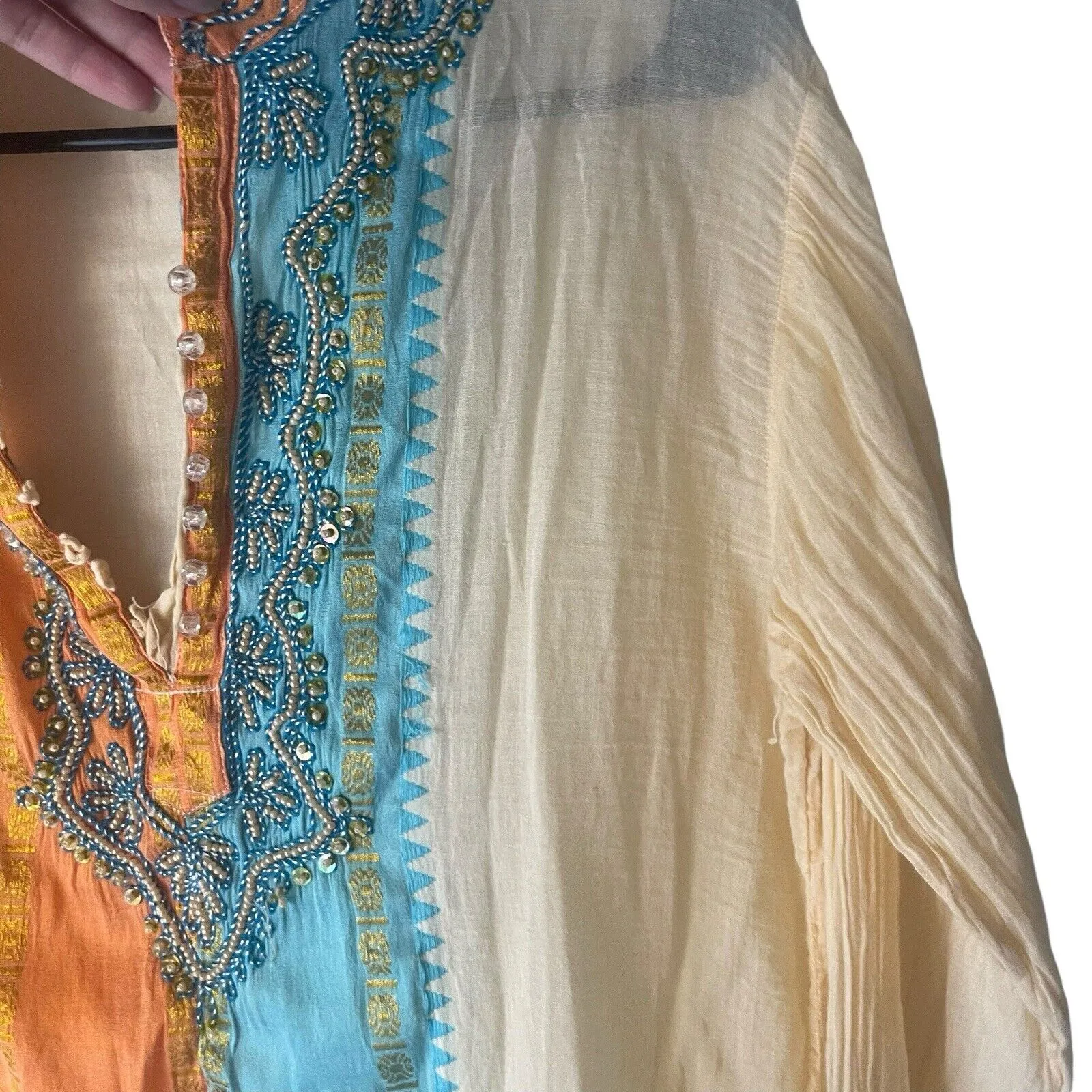Occhi Blu‎ Women's L/XL Sheer Beaded India Orange Blue Celestial Gypsy Tunic Top - Image 7