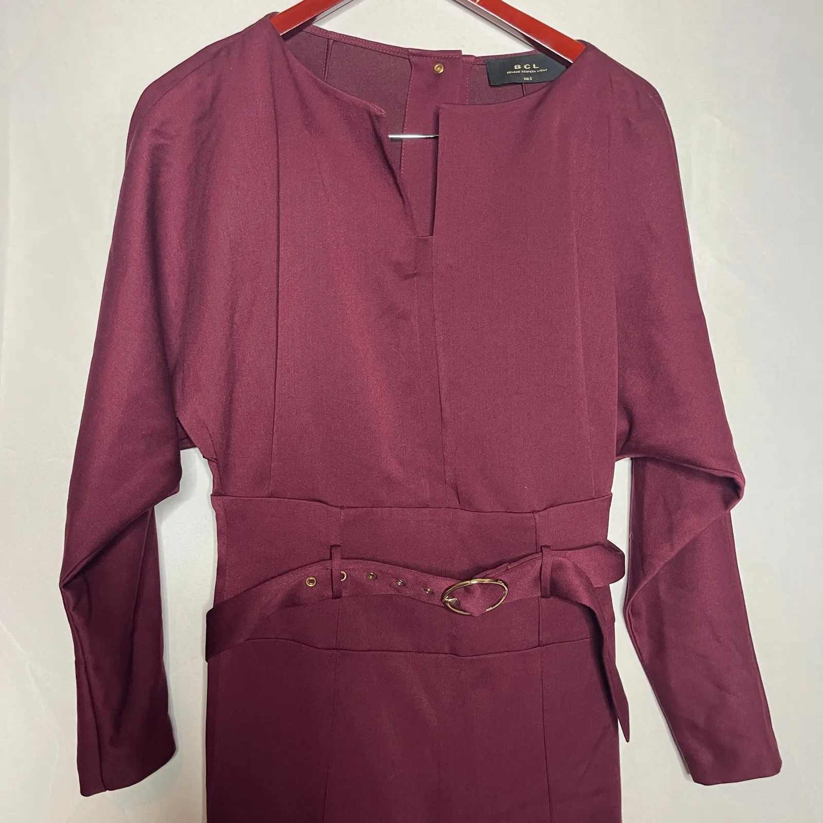 BGL Burgundy Office Solid Color Long Sleeve Squareneck Jumpsuit with Belt Sz S Red - Image 7