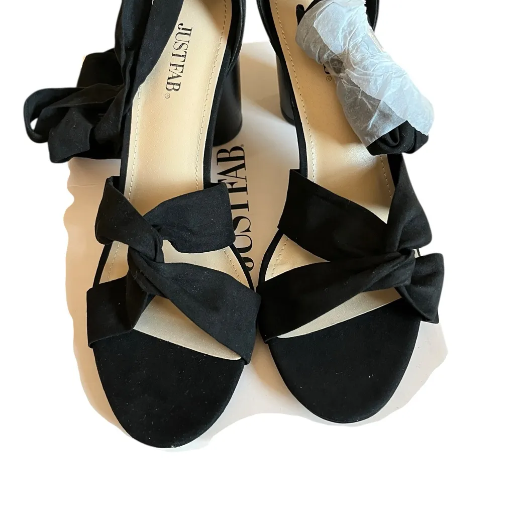 JustFab Annie block heel sandal in black faux-suede with lace up ankle Tie Strap - Image 5