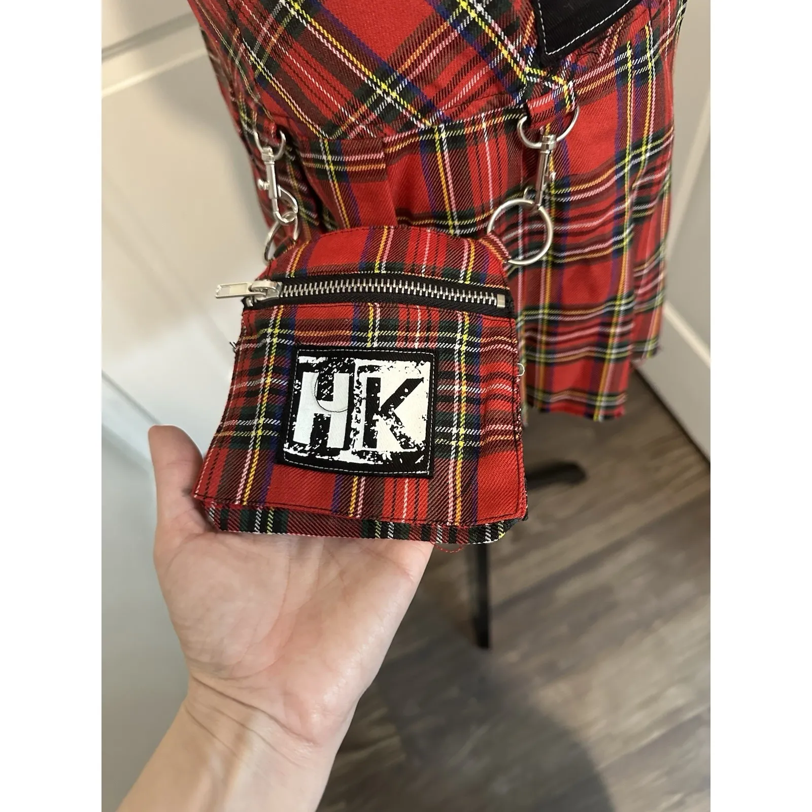 Dolls Kill x Hello Kitty Red Plaid Pleat Punk Mini Skirt L Chains Patches Kawaii - Image 5
