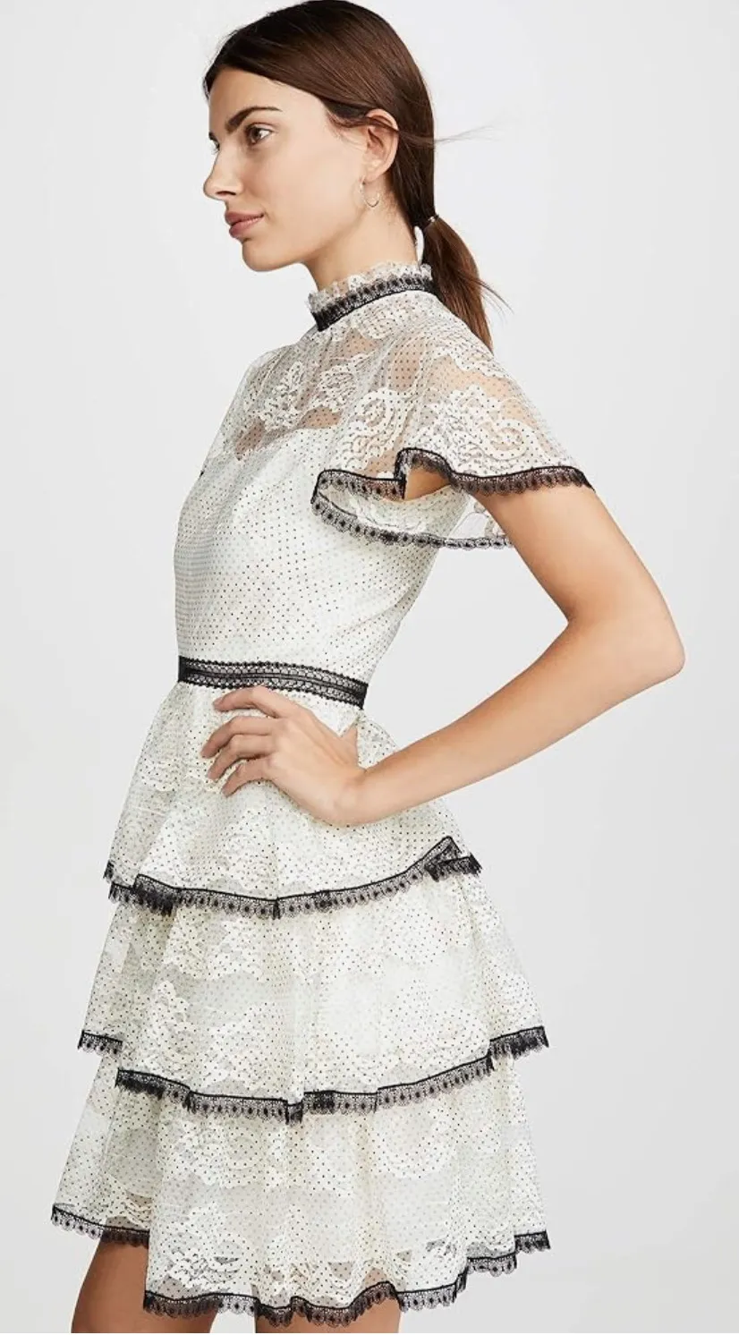 Stacia Lace Tiered Polka Dot Knee Length High Neck Black trim on neck/sleeve/bottom Hidden back zipper A flutter sleeve ballet lace fit-and-flare mini dress with ruffle detail below the waist ivory cream Kentucky Derby mock sheer layer - Image 9