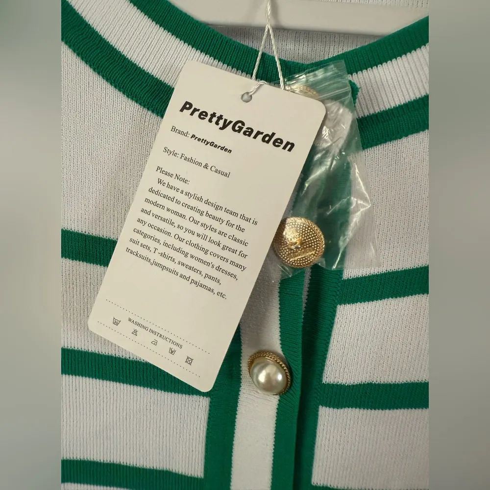 Pretty Garden Striped Short Sleeve Cardigan Sweater Green White Pearl Buttons L Size L - Image 4