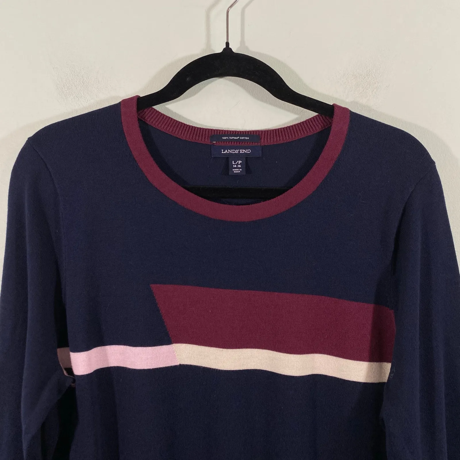Lands' End Women Navy & Maroon Quarter Sleeve Supima Cotton Sweater Top Size LP - Image 2