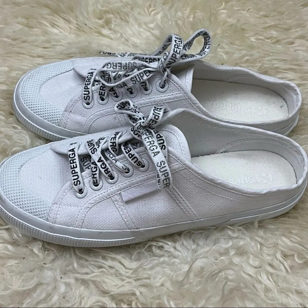 Superga White Slip On Backless Sneakers Logo Laces 39/7 - Image 2