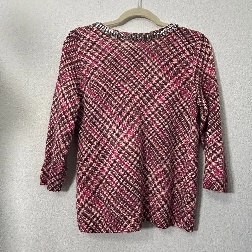 Talbots 100% Cashmere Houndstooth Sweater with Rhinestone Neckline Med Petite - Image 2