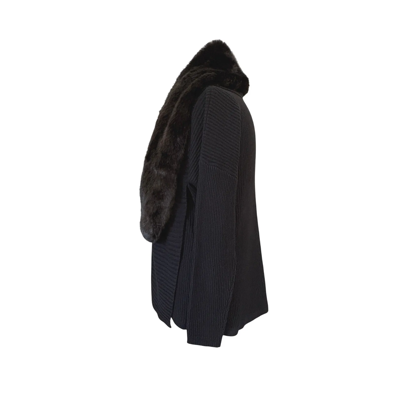 H by Halston Silk Cashmere Blend Black Knit Cardigan XL Faux Fur Collar Luxury - Image 3