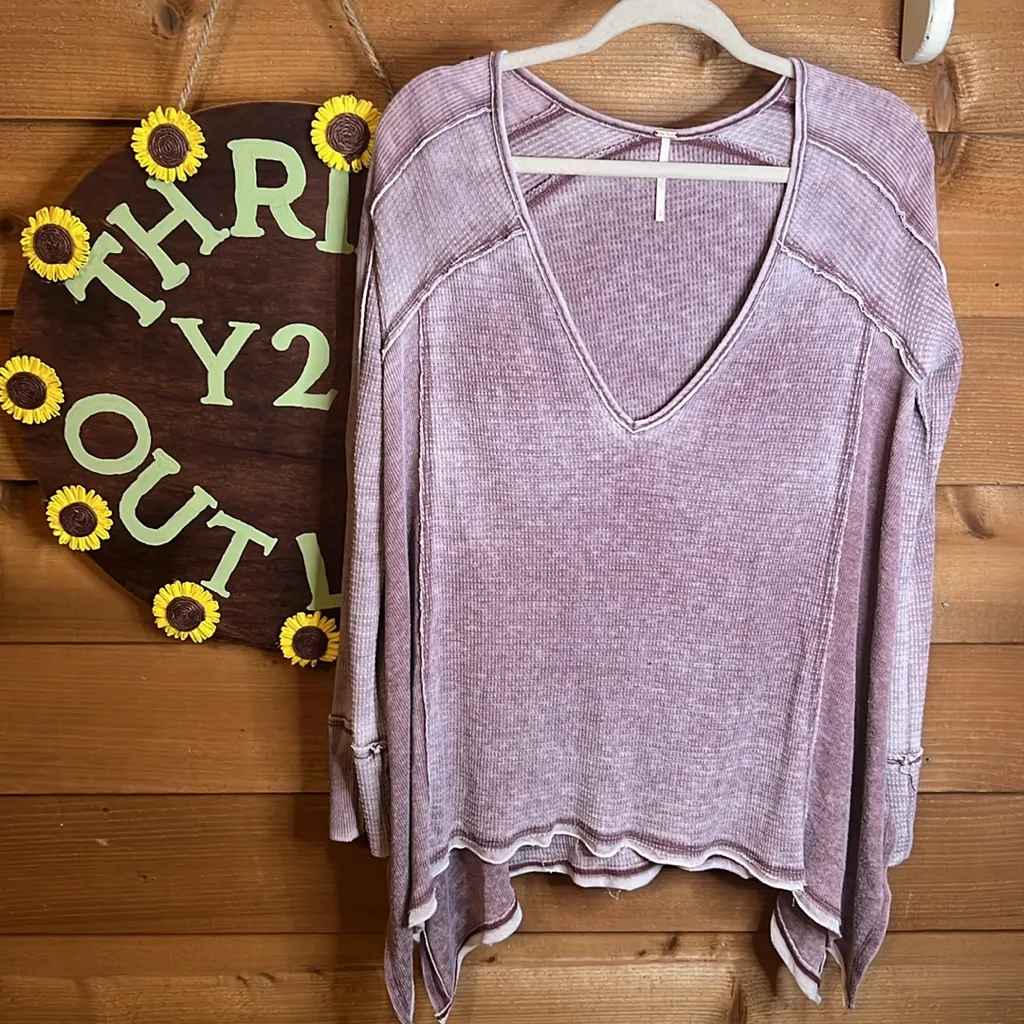 Free People Free Pacific Thermal V-neck Long Sleeve Distressed Shirt Oversize S - Image 4