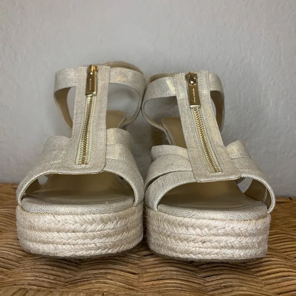 Michael Michael Kors Berkeley Gold Shimmer Linen Zip Up Wedges Size 10 - Image 7
