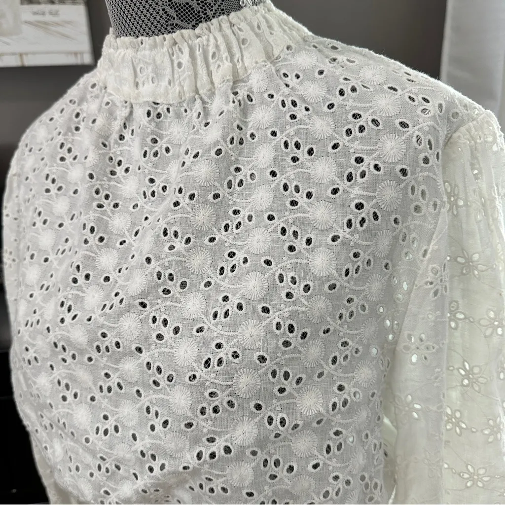 AllSaints Luna Broderie Eyelet Embroidered Linen Cotton Top White Size 6 - Image 3