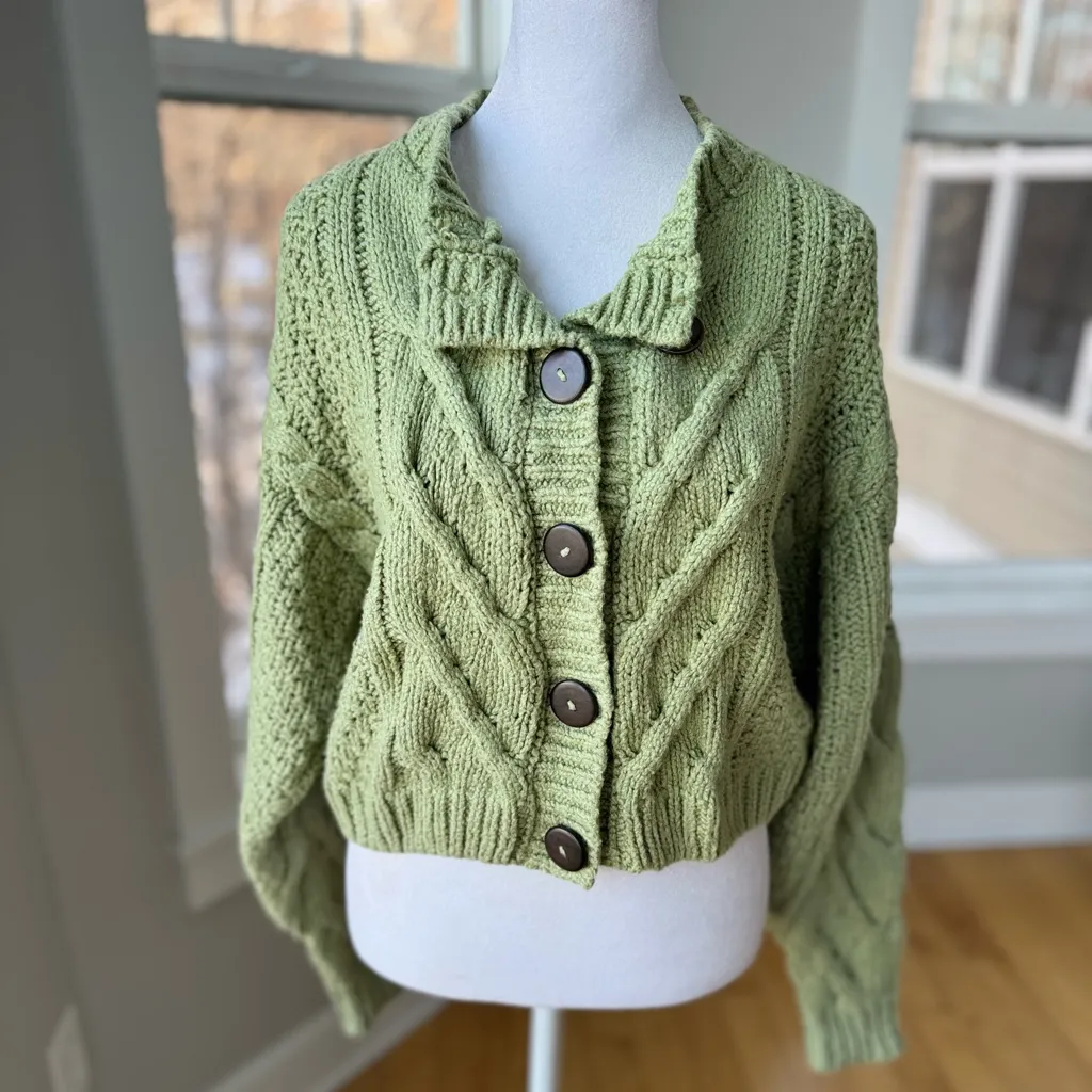 Free People Sage Green Bonfire Chunky Cableknit Cotton Crop Cardigan Small RARE - Image 11
