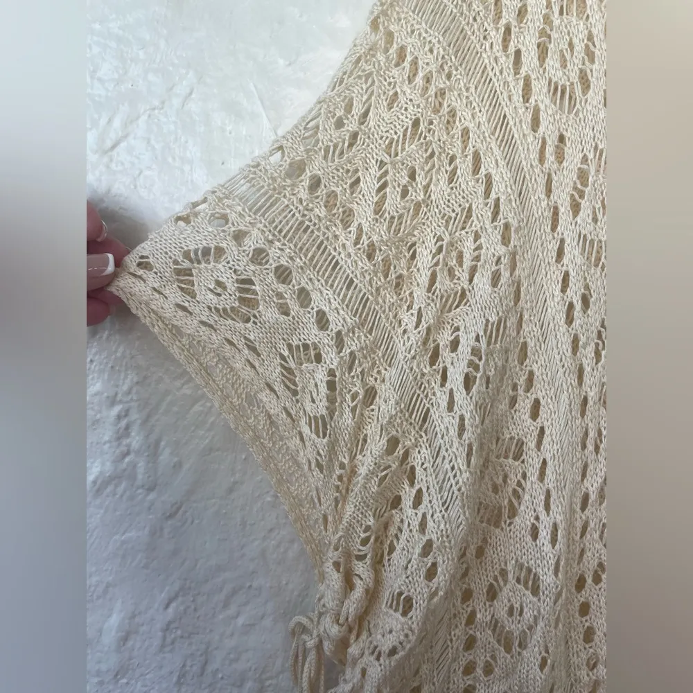 Vintage Womens Tunic Coverup Beige Crochet Tassel Relaxed Sheer Hippie Boho; M Tan Size M - Image 3