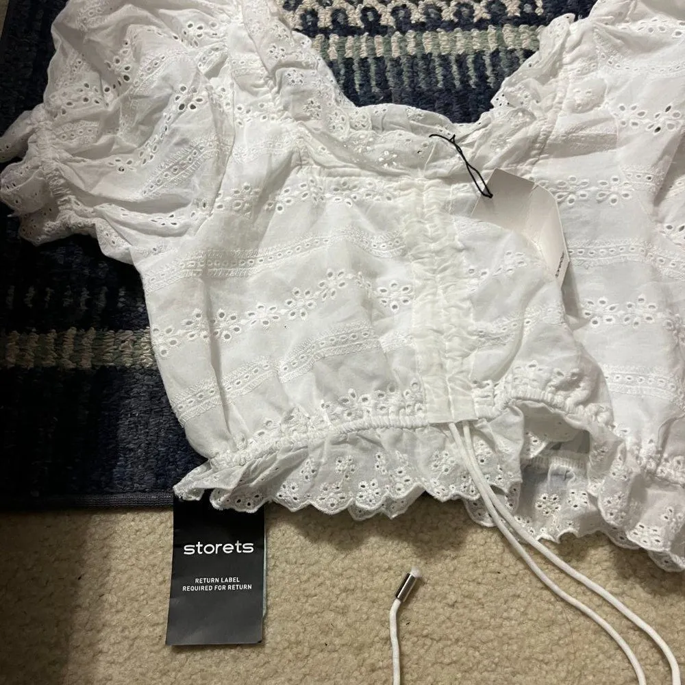NWT Storets White Eyelet Cinched Front Crop Top S/M - Image 8
