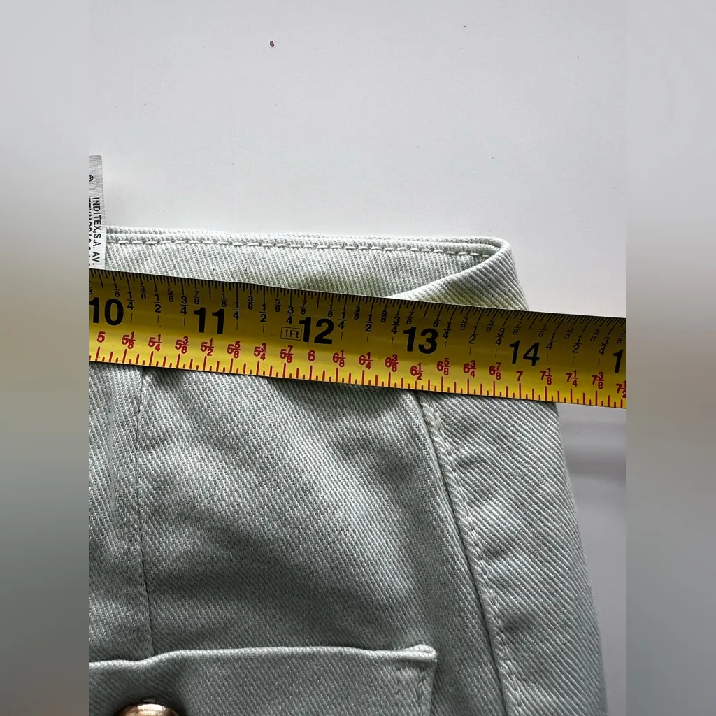 Zara Wide Leg Cropped Jeans Gold Button Front Pockets in Mint Green 4 - Image 7