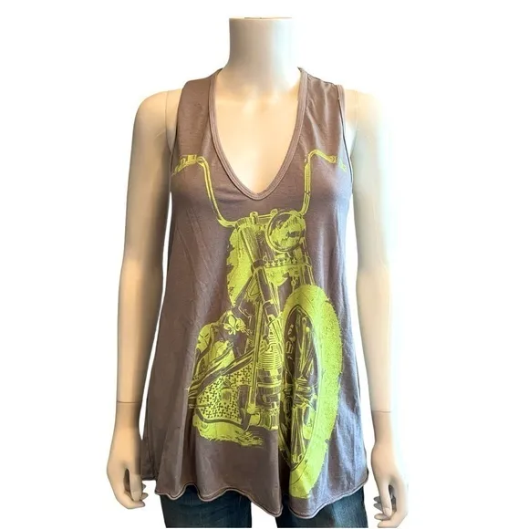 Lauren Moshi Gray Lime Green Motorcycle Graphic Tank Top Sleeveless Stretch S - Image 2