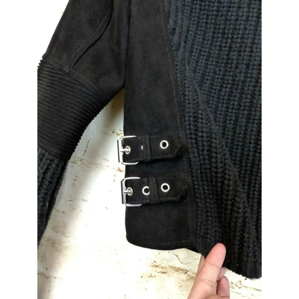 Blank NYC  Moto Jacket Womens XS Black Faux Suede Real Leather Cable Knit Mixed - Image 8