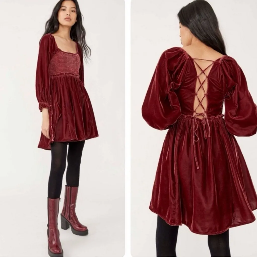 Free People Dainty Renaissance Daphne Velvet Mini Dress Burgundy Brown Medium - Image 5