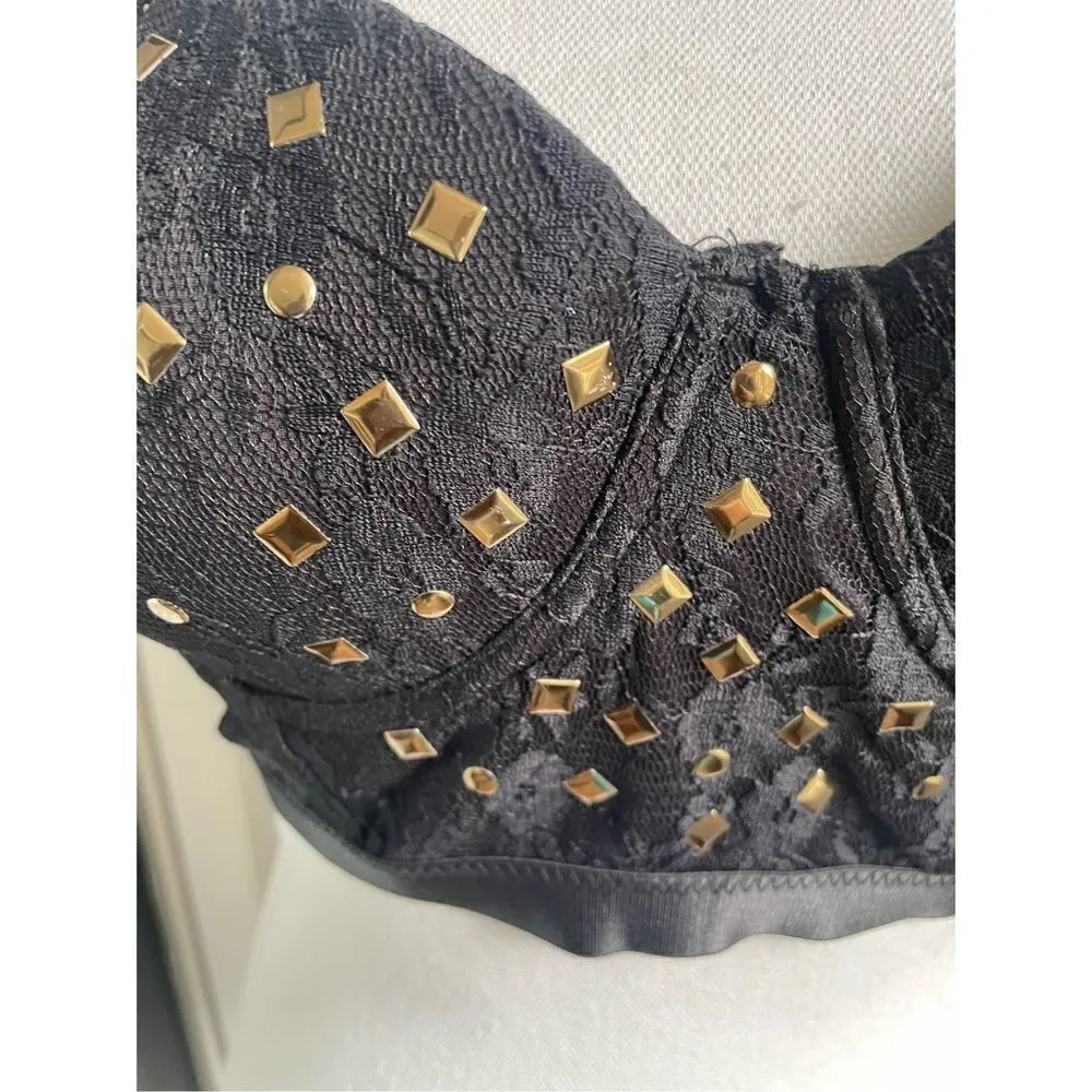 Women’s Y2K Black/ Gold Studded Bralette/Corset/ Bustier /Size 36C Festival Black - Image 6