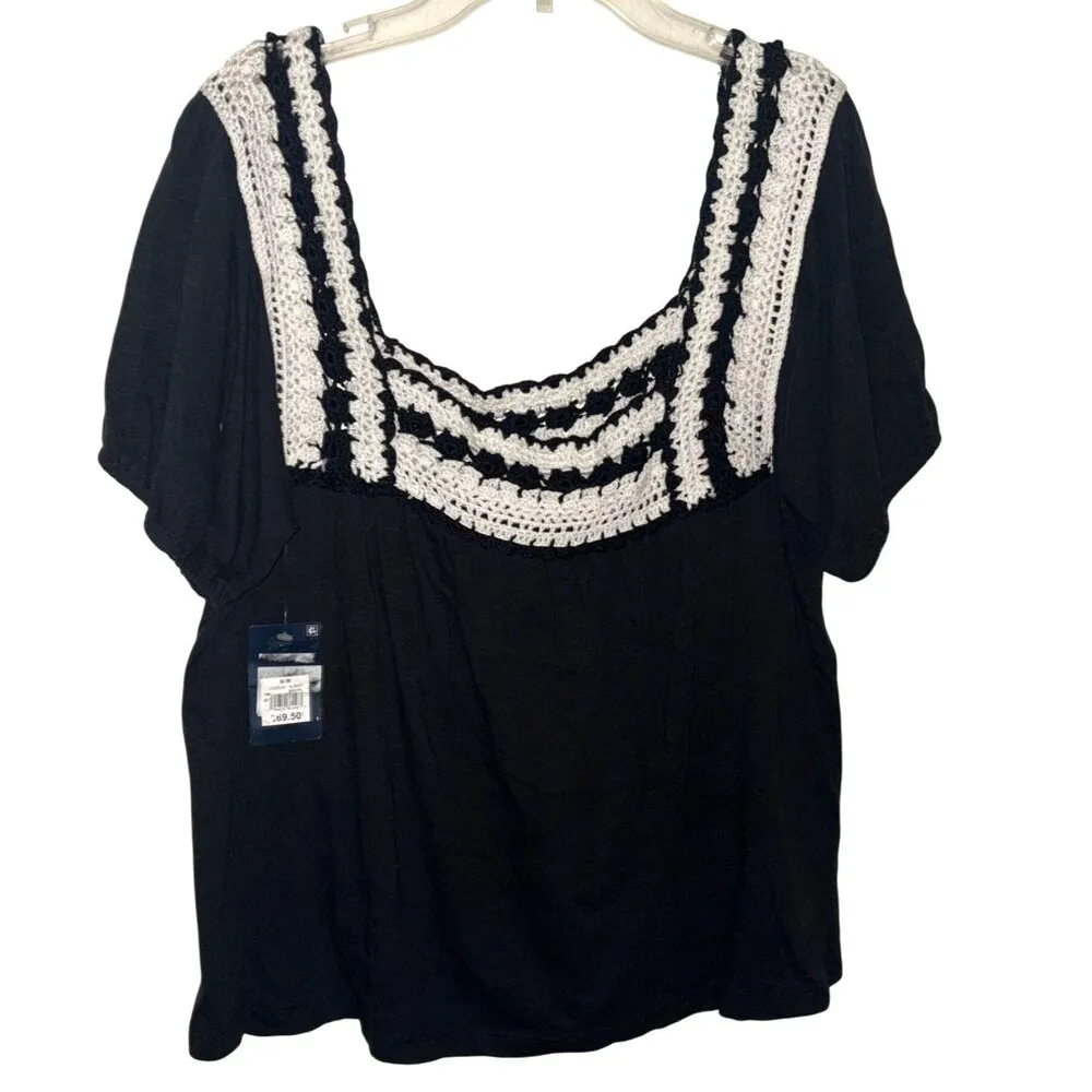 NWT Lucky Brand 100% Cotton Boho Crochet Short Sleeve Shirt Top Peasant Size M - Image 6